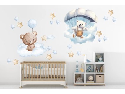 Samolepka na zeď – medvídci v modrých obláčcích