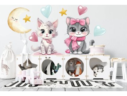 Samolepka na zeď – koťátka a srdíčka