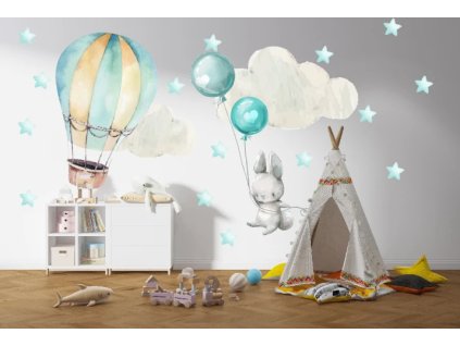 Samolepka na zeď – králíček a tyrkysové balónky