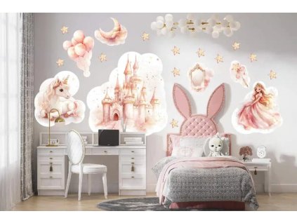 Samolepka na zeď – princezna, hrad a jednorožec