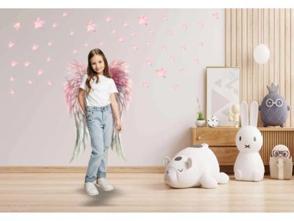 Samolepka na zeď – růžová křídla a hvězdičky