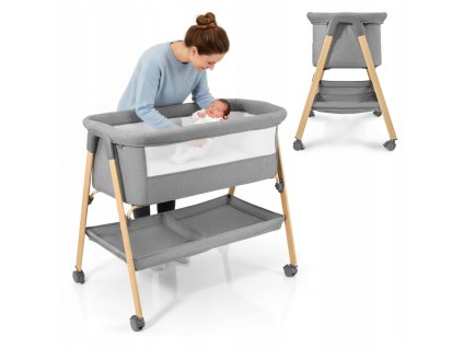 Dětská postýlka pro miminko, volně stojící, cestovní, kolébka s matrací – šedá