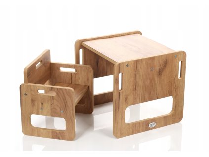 Dětská dřevěná sestava nábytku – stolek + židlička, dubový dekor, 1–3 roky
