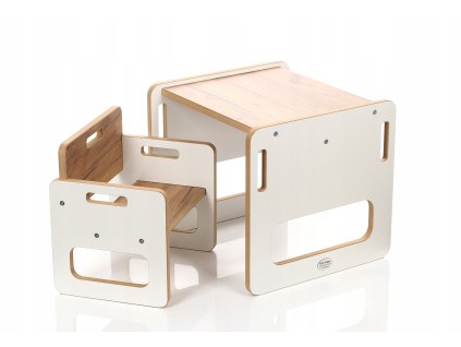 Dětská dřevěná sestava nábytku – stolek + židlička, bílo-dubový dekor, 1–3 roky