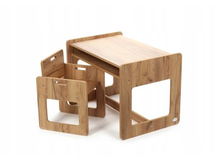 Dětská dřevěná sestava nábytku – stolek + židlička, dekor dřeva, 3–6 let