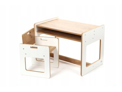 Dětská dřevěná sestava nábytku – stolek + židlička, bílo-dubový dekor, 3–6 let