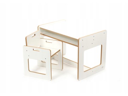 Dětská dřevěná sestava nábytku – stolek + židlička, bílý dekor, 3–6 let