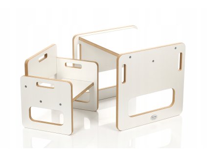 Dětská dřevěná sestava nábytku – stolek + židlička, bílá barva, 1–3 roky