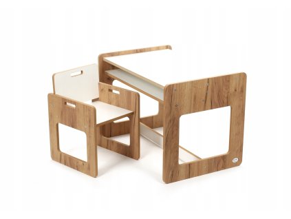 Dětská dřevěná sestava nábytku – stolek + židlička, dubovo-bílý dekor, 3–6 let
