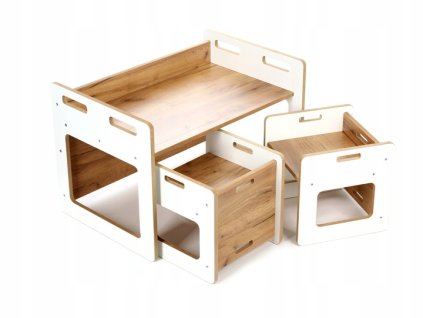 Dětská dřevěná sestava nábytku – stolek + 2 židličky, bílo-dubový dekor, 1–6 let