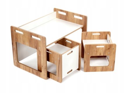 Dětská dřevěná sestava nábytku – stolek + 2 židličky, dubovo-bílý dekor, 1–6 let