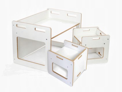 Dětská dřevěná sestava nábytku – stolek + 2 židličky, bílý dekor, 1–6 let