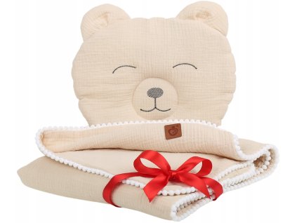 Mušelínová deka + polštářek MEDVÍDEK - krémová