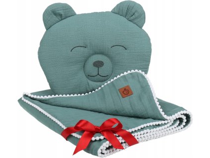 Mušelínová deka + polštářek MEDVÍDEK - šalvějově zelená