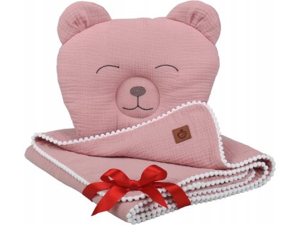 Mušelínová deka + polštářek MEDVÍDEK - růžová