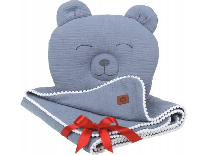 Mušelínová deka + polštářek MEDVÍDEK - modrá