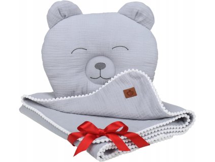 Mušelínová deka + polštářek MEDVÍDEK - šedá