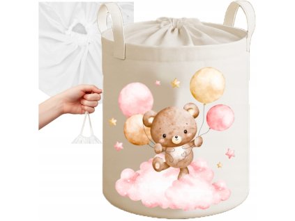 Textilní košík na hračky – Medvídek s růžovými balónky