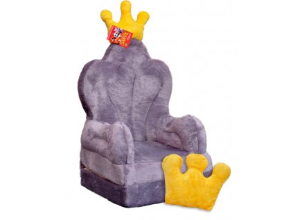 DĚTSKÉ PLYŠOVÉ ROZKLÁDACÍ KŘESÍLKO TRŮN ŠEDY-ZLATÝ