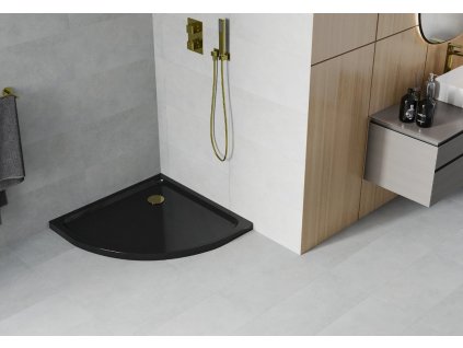 Sprchová vanička půlkulatá MEXEN FLAT černá + sifon zlatý