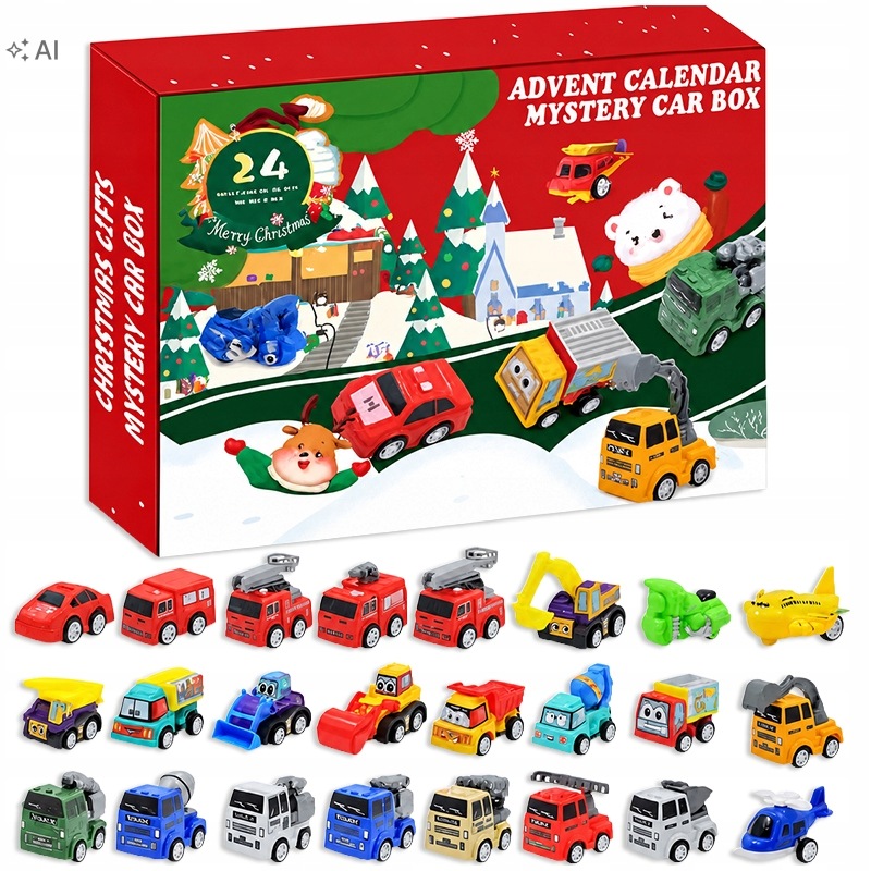Detský adventný kalendár s 24 autíčkami – balenie a súprava vozidiel