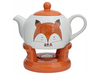 Čajník porcelánový s ohrievačom Bella Fiore biely s líškou 1l