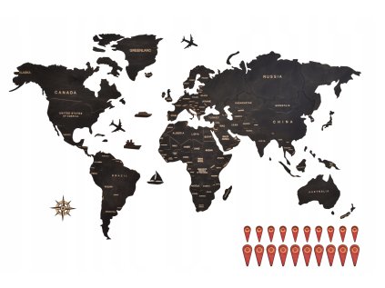 Drevená mapa sveta na stenu v rôznych farbách 150x85 čierna