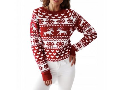 Dámsky vianočný sveter so sobmi červeno biely A