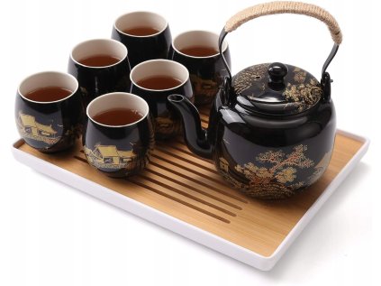 Japonský čajový set pre 6 osôb čierny s japonským motívom 180ml