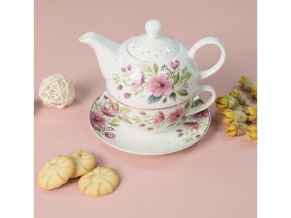 Čajník so šálkou biely a s kvetmi 400ml
