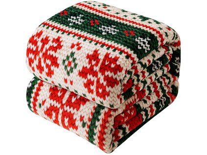 Zložená vianočná deka so vzorom 160x200 s červenými vločkami a zelenými pruhmi.