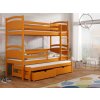 Oranžová patrová postel pro tři s přistýlkou a úložnými šuplíky z masivu Mája 2