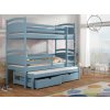 Modrá patrová postel pro tři s přistýlkou a úložnými šuplíky z masivu Mája 2