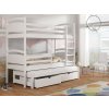 Bílá patrová postel pro tři s přistýlkou a úložnými šuplíky z masivu Mája 2