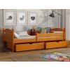 Oranžová dětská postel se zábranou z masivu borovice s úložným prostorem Ela