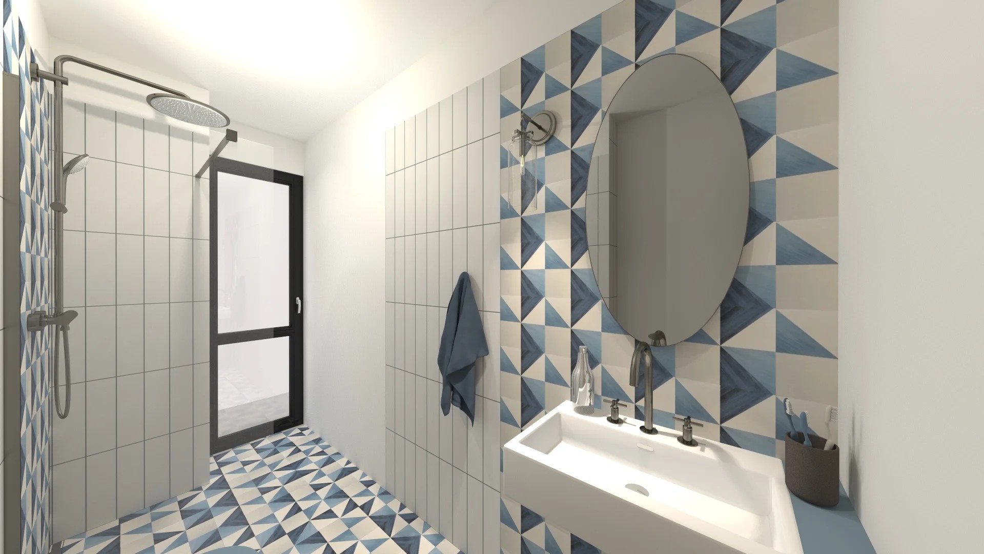 modrobílá koupelna s geometrickými tvary s obklady Deceram PAM Triangle Blue 22,5x22,5