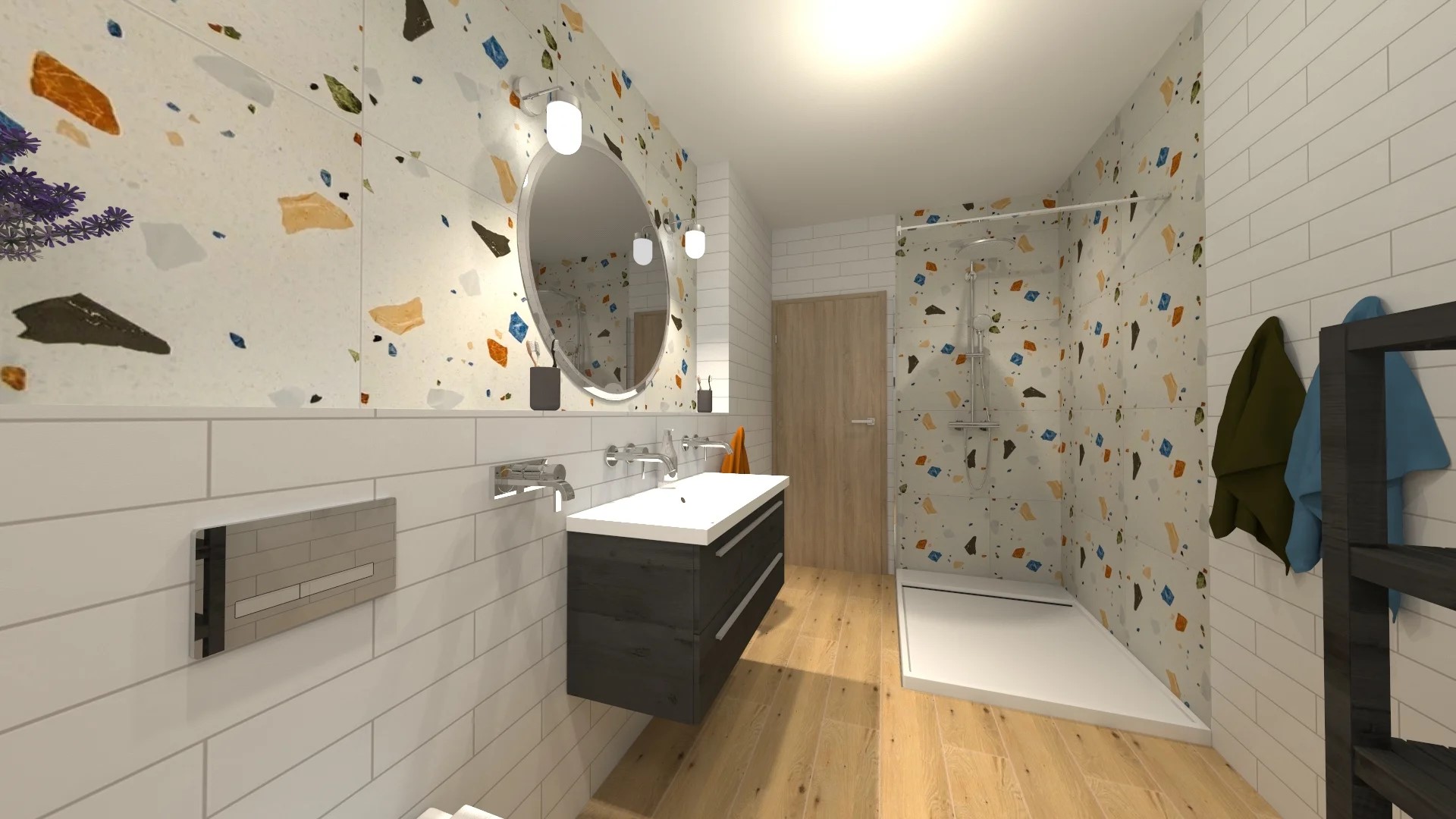 izualizace moderní koupelny ve stylu terrazzo v kombinaci imitace dřeva - Cerpa OBI a Sichenia Parkett