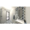 Vizualizace modrobílé koupelny s geometrickými tvary s obklady Deceram PAM Triangle Blue 22,5x22,5