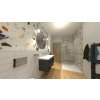 Vizualizace moderní koupelny ve stylu terrazzo v kombinaci imitace dřeva - Cerpa OBI a Sichenia Parkett