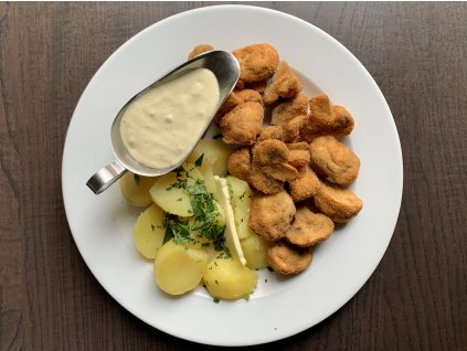 Smažené žampiony s naší tatarskou omáčkou, 150 g, brambory vařené , m. m.