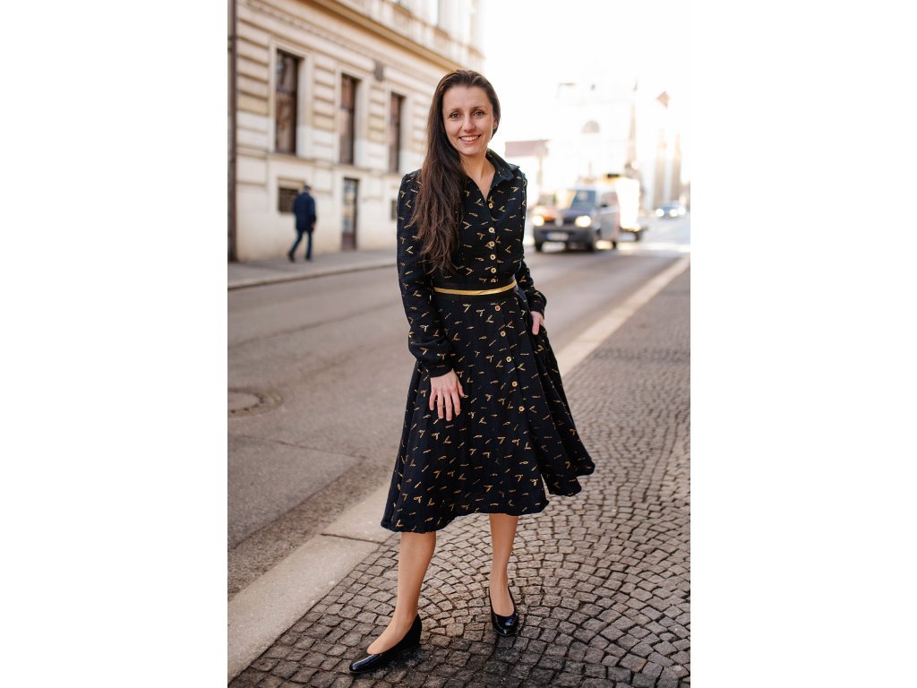 Černé se zlatými lístečky  Lara - délka 100cm - podšívka