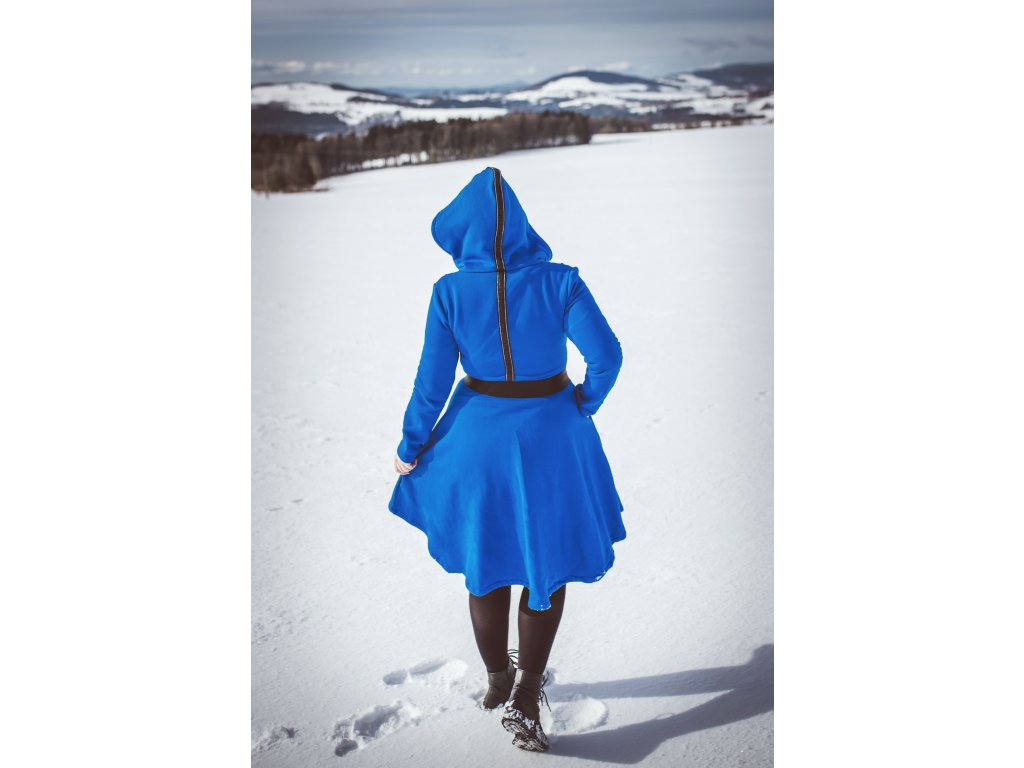 Královská modrá  Bella - základní délka 95cm - Půlkolový princessový kabátek/mikčošaty - Hřejivá bavlna s vnitřním chloupkem