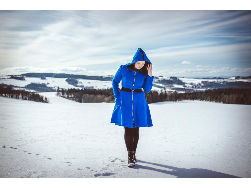 Královská modrá  Bella - základní délka 88cm - Půlkolový princessový kabátek/mikčošaty - Hřejivá bavlna s vnitřním chloupkem