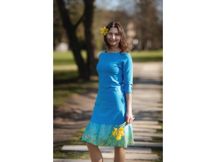 Volání jara modro-zelené + tmavě blankytný vršek  Mia - kapsy - základní délka 100cm