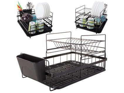 Dvoupatrový odkapávač na nádobí s tácem, černý
