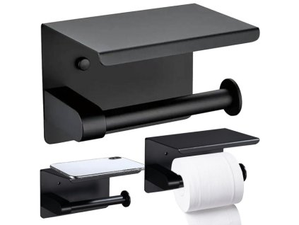 Černý nástěnný držák toaletního papíru s odkládací poličkou – moderní WC doplněk v loftovém stylu