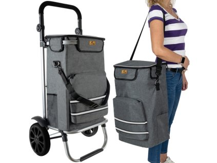 Skládací nákupní a přepravní vozíks taškou – na kolečkách, skládací konstrukce, 30 kg nosnost