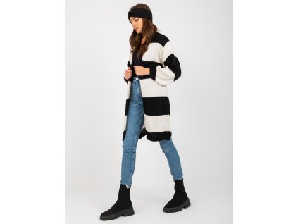 Ecru-black loose knitted cardigan OCH BELLA (Barva white-black, Velikost ONE SIZE)