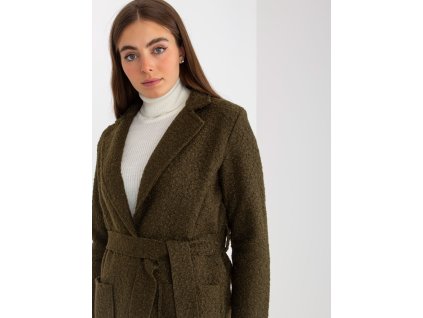 Khaki plush maxi coat with belt Merve OCH BELLA (Barva khaki, Velikost ONE SIZE)