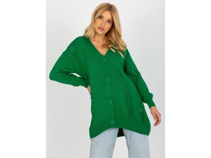 Green loose cardigan with holes RUE PARIS (Barva green, Velikost ONE SIZE)